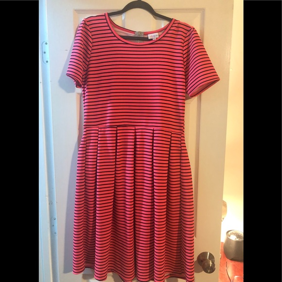 LuLaRoe Amelia, hot pink with black stripes. Two pocketed dress. - Picture 1 of 4